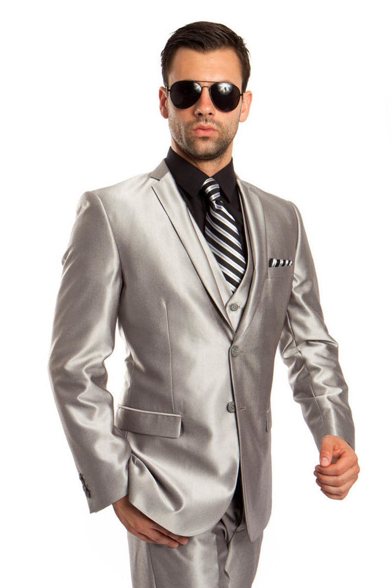 Men’s Two Button Vested Shiny Sharkskin Wedding & Prom Fashion Suit in Silver Grey