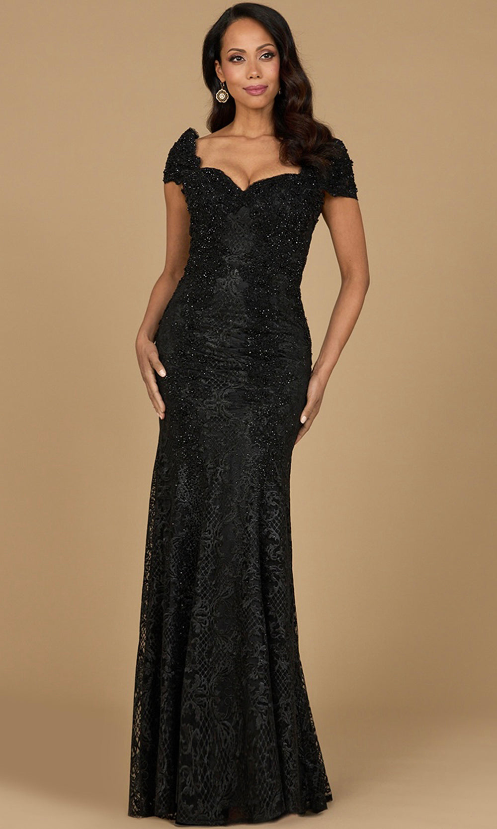 Cap Sleeve Beaded Lace Formal Dress