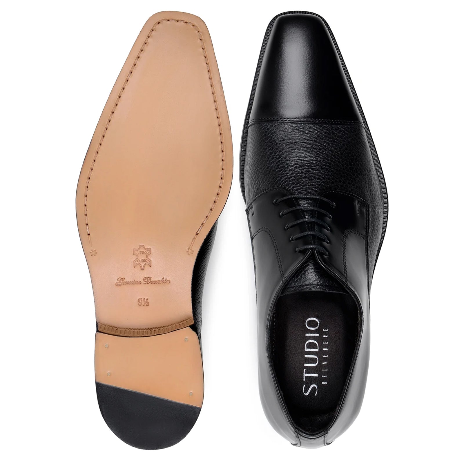 Men’s Belvedere Alexander Italian Deerskin & Nappa Leather Cap Toe Dress Shoe in Black