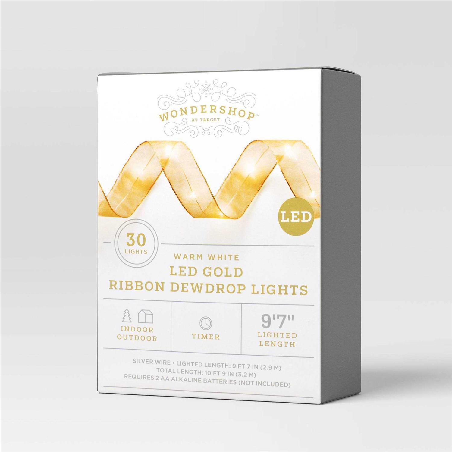 Wondershop 30ct LED Gold Ribbon Dewdrop Christmas String Lights Garland Warm White Gold Wire