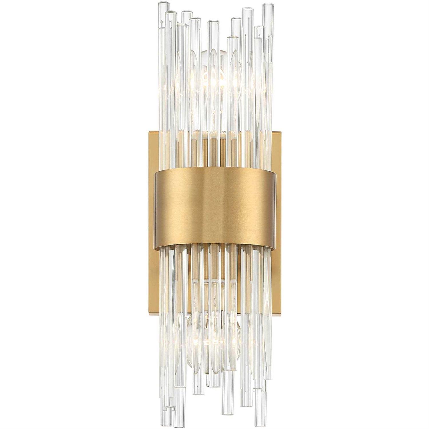 Stiffel Gillery Modern Wall Light Sconce Warm Brass Gold Hardwired 5 2-Light Fixture Clear Glass Rods for Bedroom Bathroom Bedside Living Room
