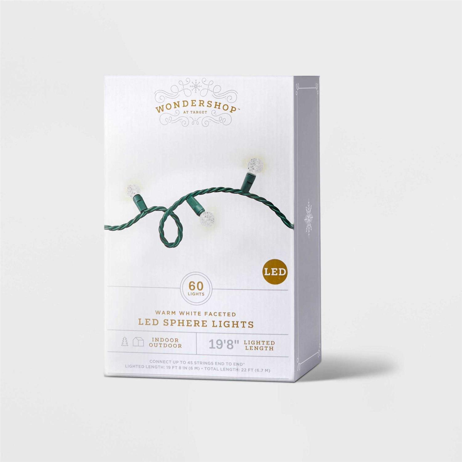 Wondershop 60ct LED Faceted Sphere Christmas String Lights Warm White with Green Wire