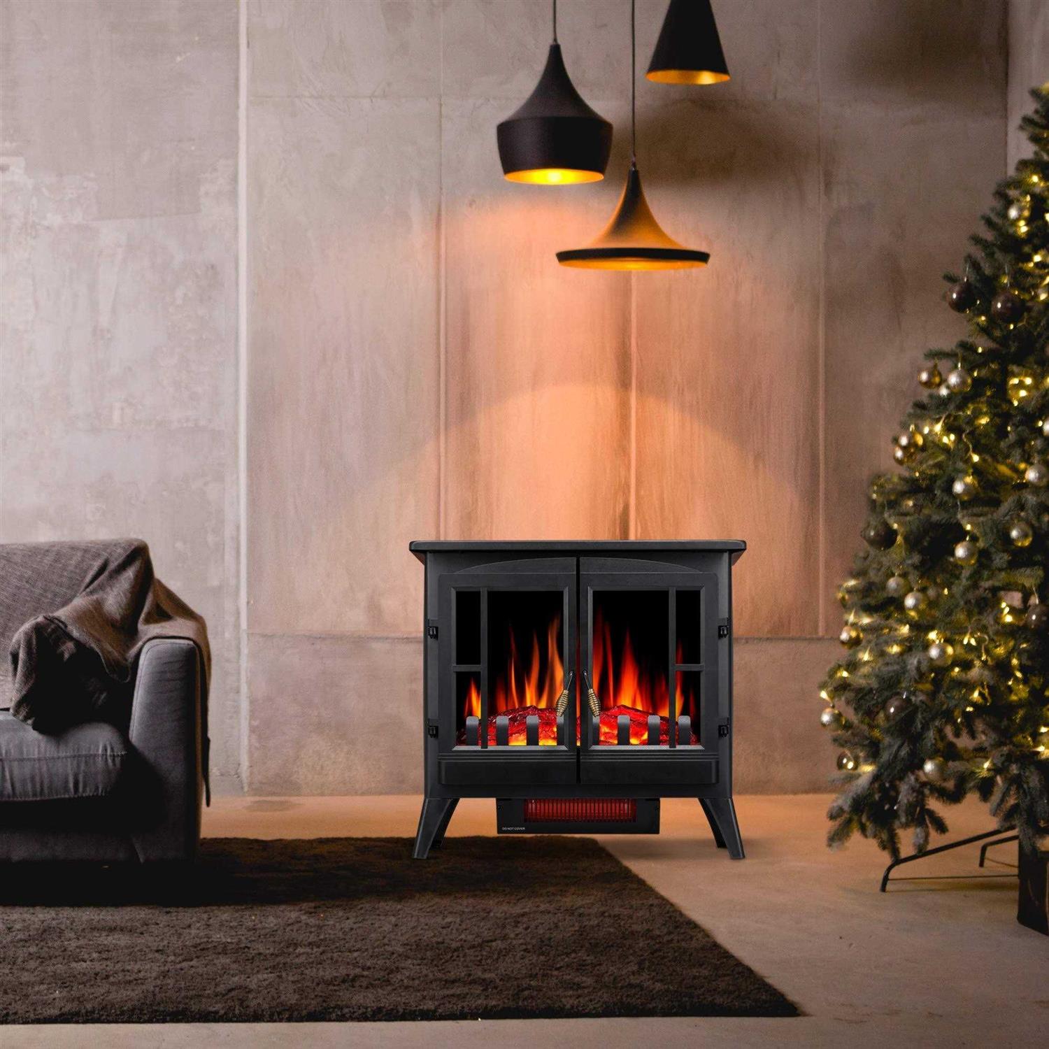 Joy Pebble Compact Electric Fireplace Heater Freestanding Stove Heater with Realistic Flame