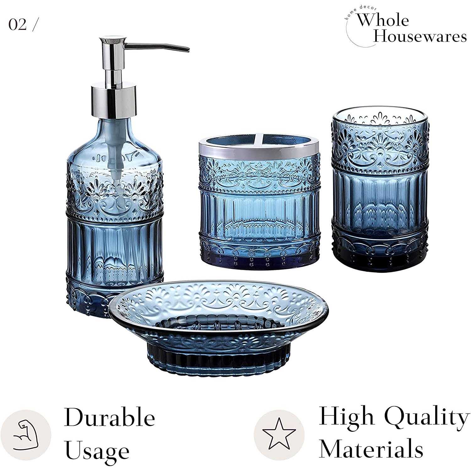 Whole Housewares Premium Bathroom Accessory Set 4-Piece Decorative Glass Bathroom Accessories Set