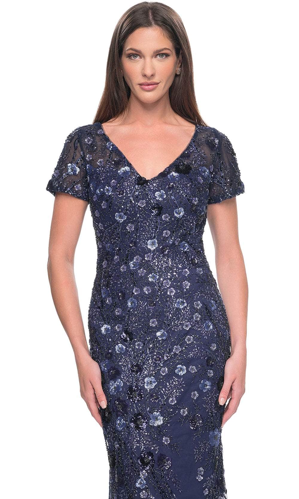 V-Neck Sparkling Floral Embellished Evening Dress