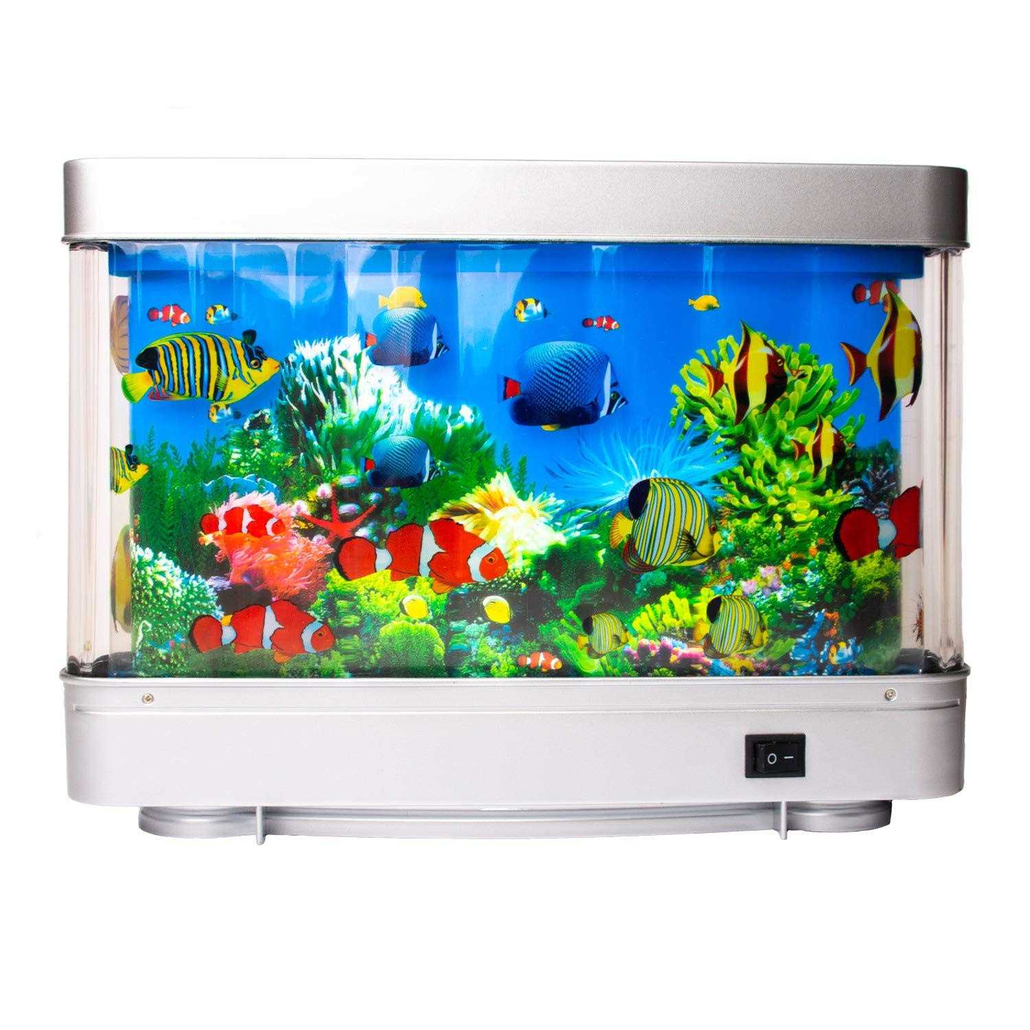 Aquarium Mood Lamp Night Light Mock Fish Tank with LED Lights and Moving Background. Your Own Ocean in Motion for Desk