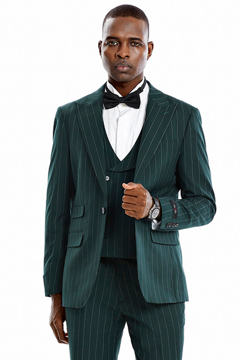 Men’s One Button Vested Wide Peak Lapel Bold Gangster Pinstripe Suit in Hunter Green