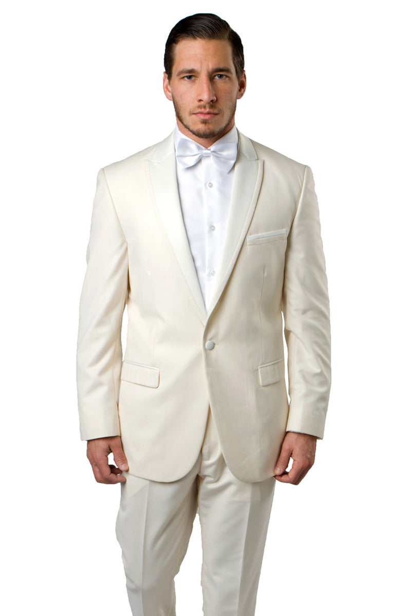 Men’s Slim Fit One Button Satin Trim Peak Lapel Prom & Wedding Tuxedo in Ivory