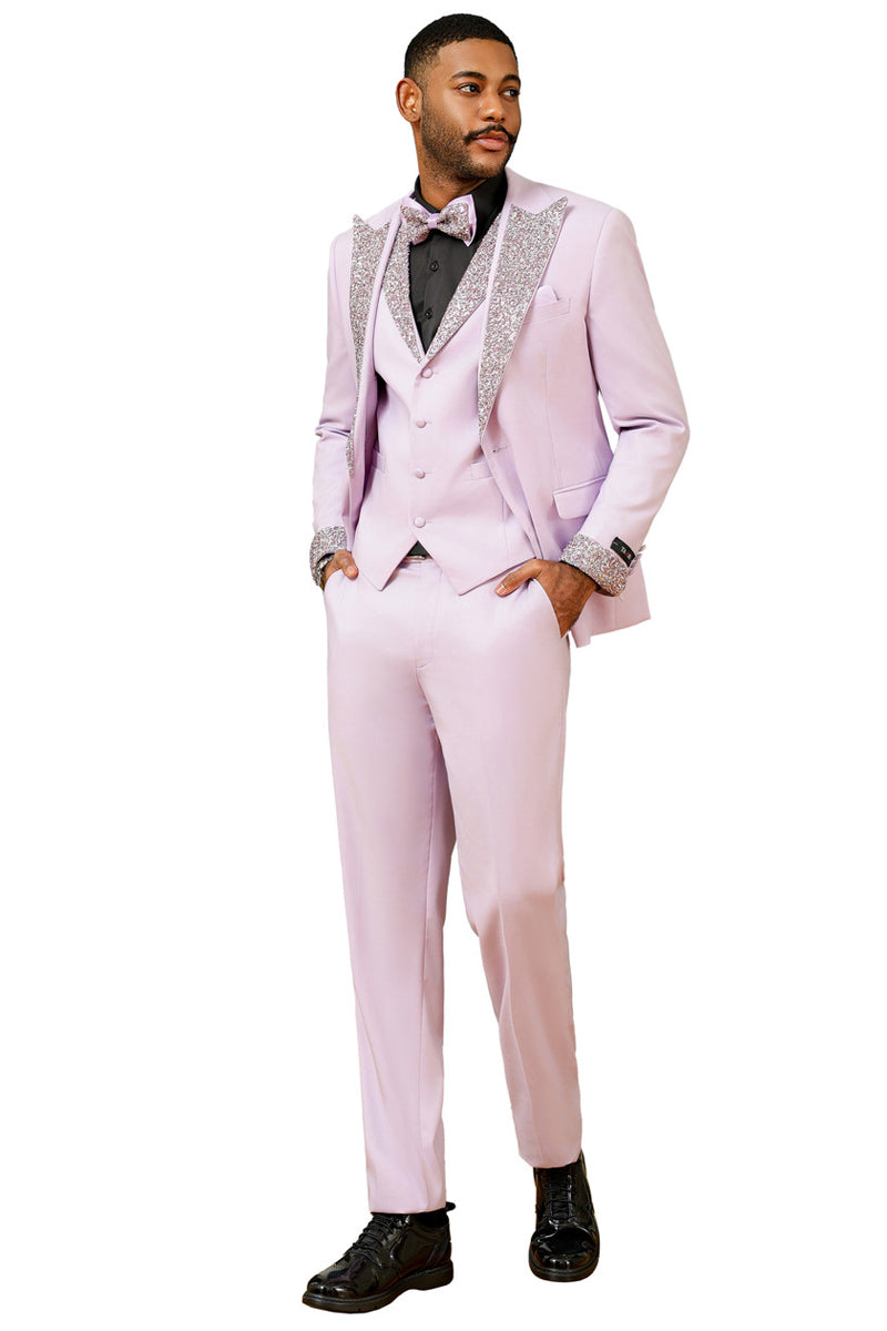 Men’s One Button Rhinestone Peak Lapel Vested Prom Tuxedo in Lavender