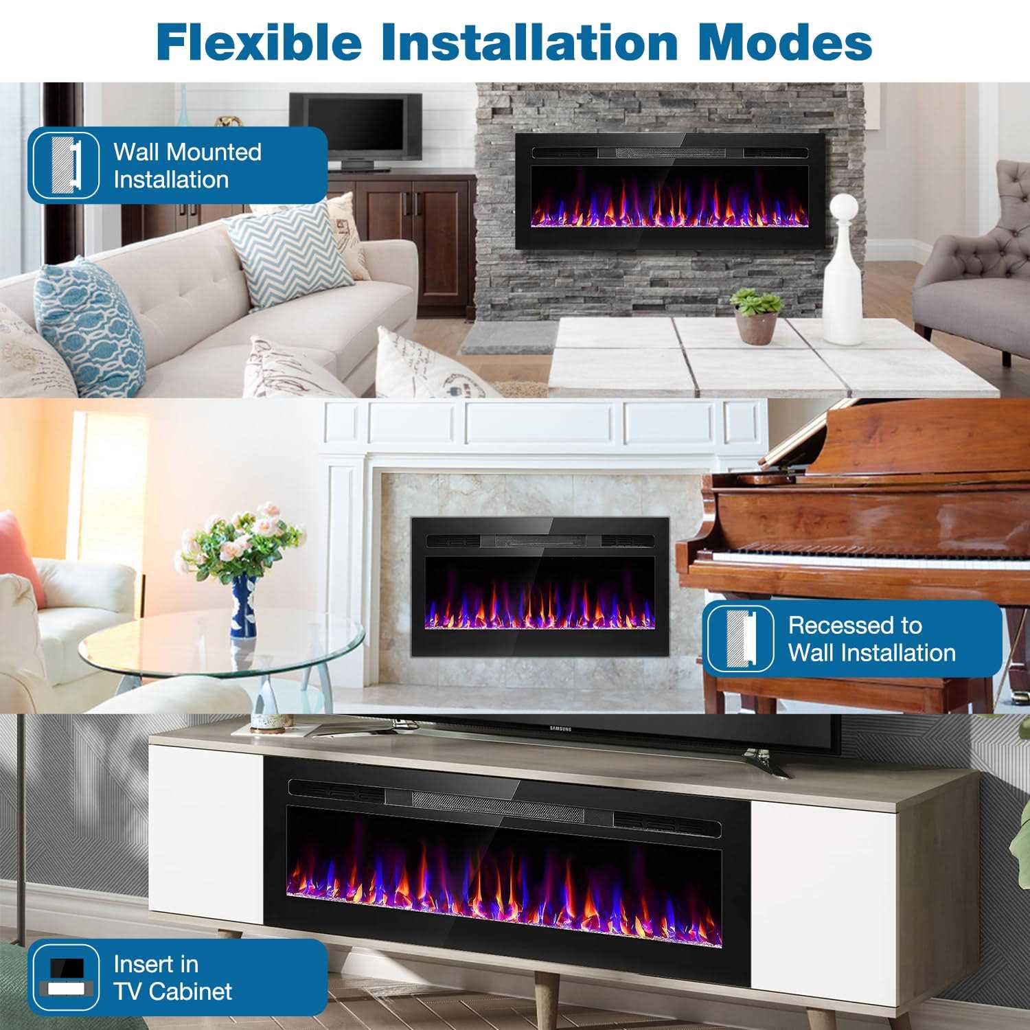 Electric Fireplace Recessed and Wall Mounted, Fireplace Heater and Linear Fireplace