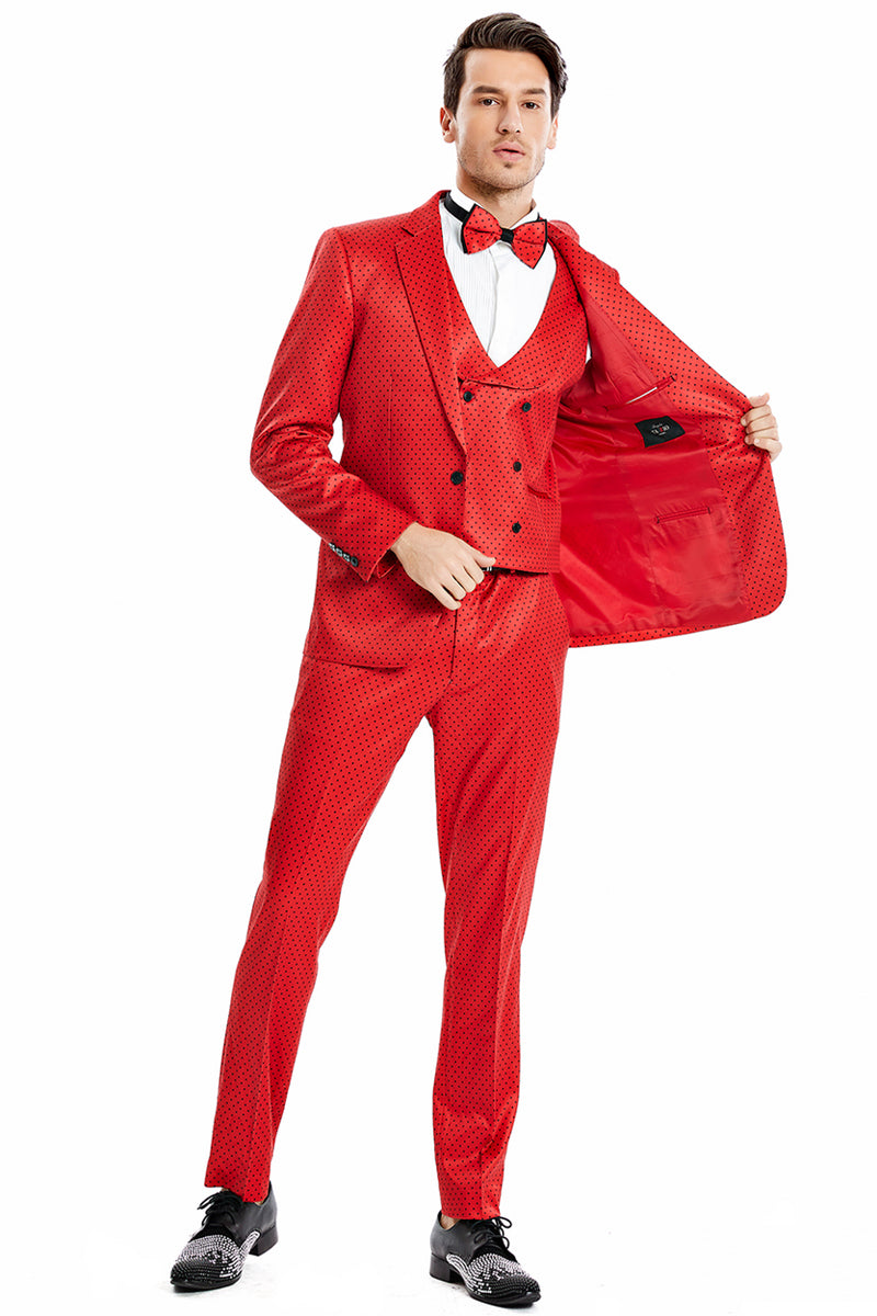 Men’s One Button Vested Mini Polka Dot Prom Suit in Red & Black