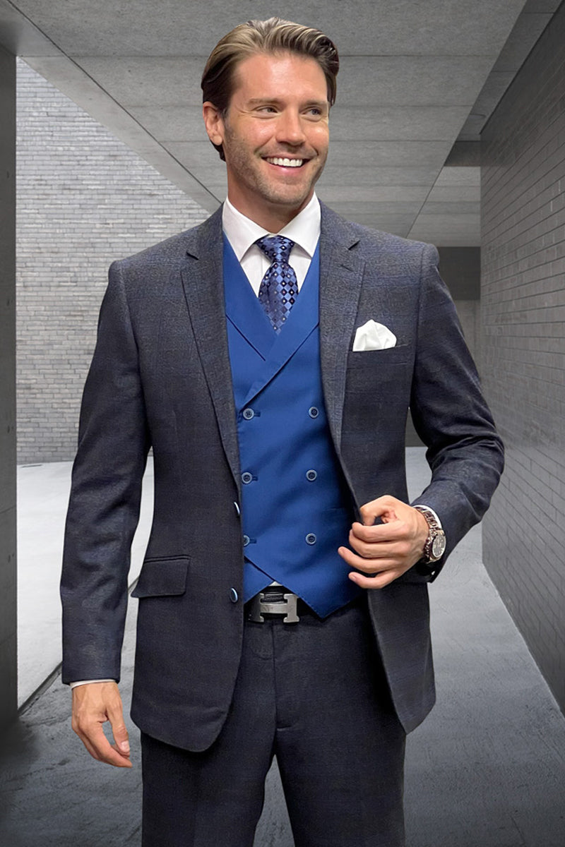 Men’s Modern Fit Wool & Cashmere Plaid Business Suit in Sapphire Blue