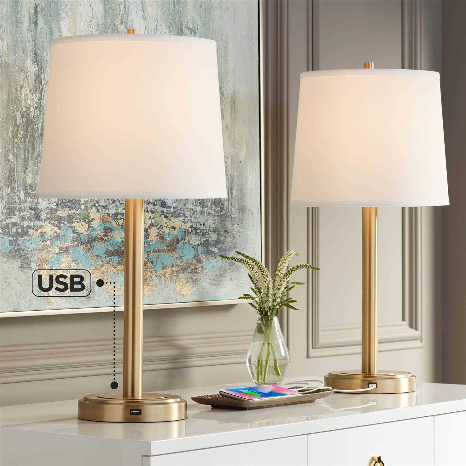 360 Lighting Camile Modern Table Lamps 25 High Set of 2 Brass Metal with USB Charging Port Oatmeal Drum Shade for Bedroom Living Room Bedside Desk