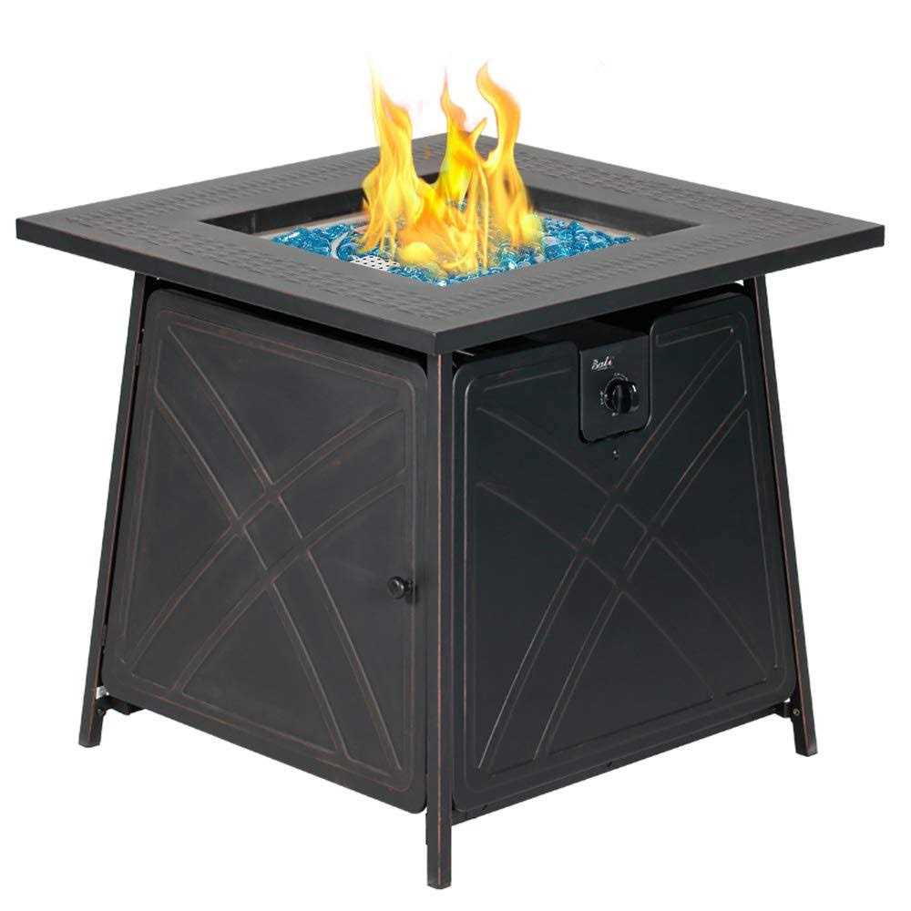 Bali Outdoors Gas Firepit Table, 28 Inch 50,000 Btu Square Outdoor Propane Fire Pit Table With Lid And Blue Fire Glass
