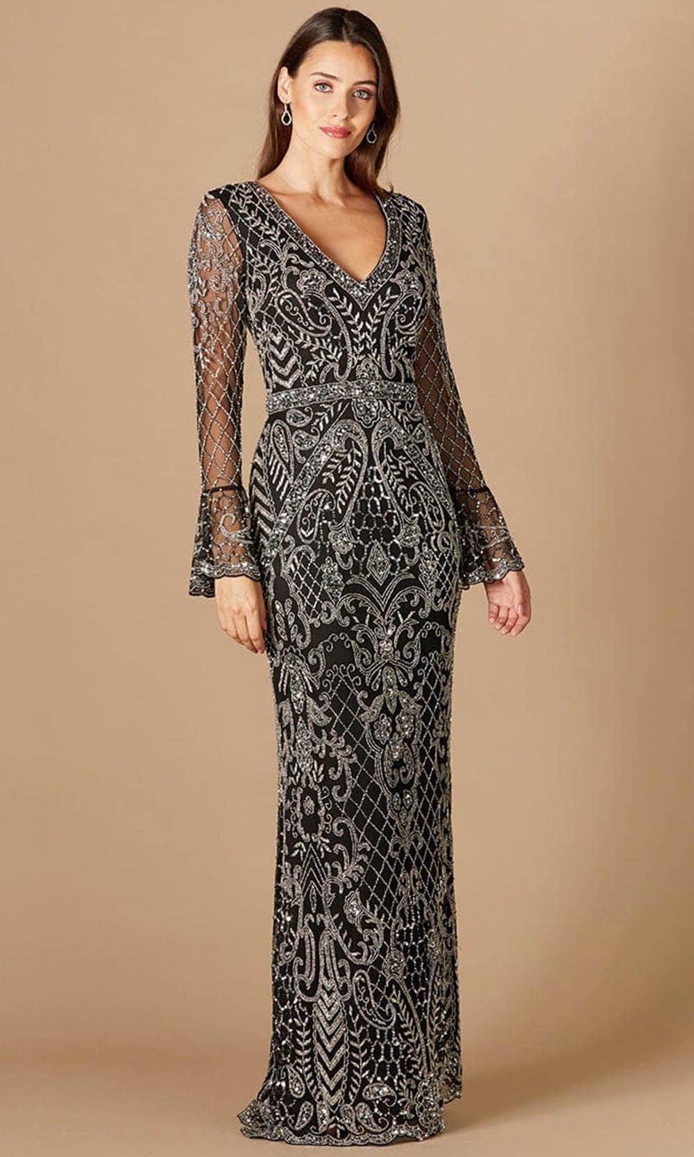 Fully Sequined Long Sheer Sleeves Formal Gown