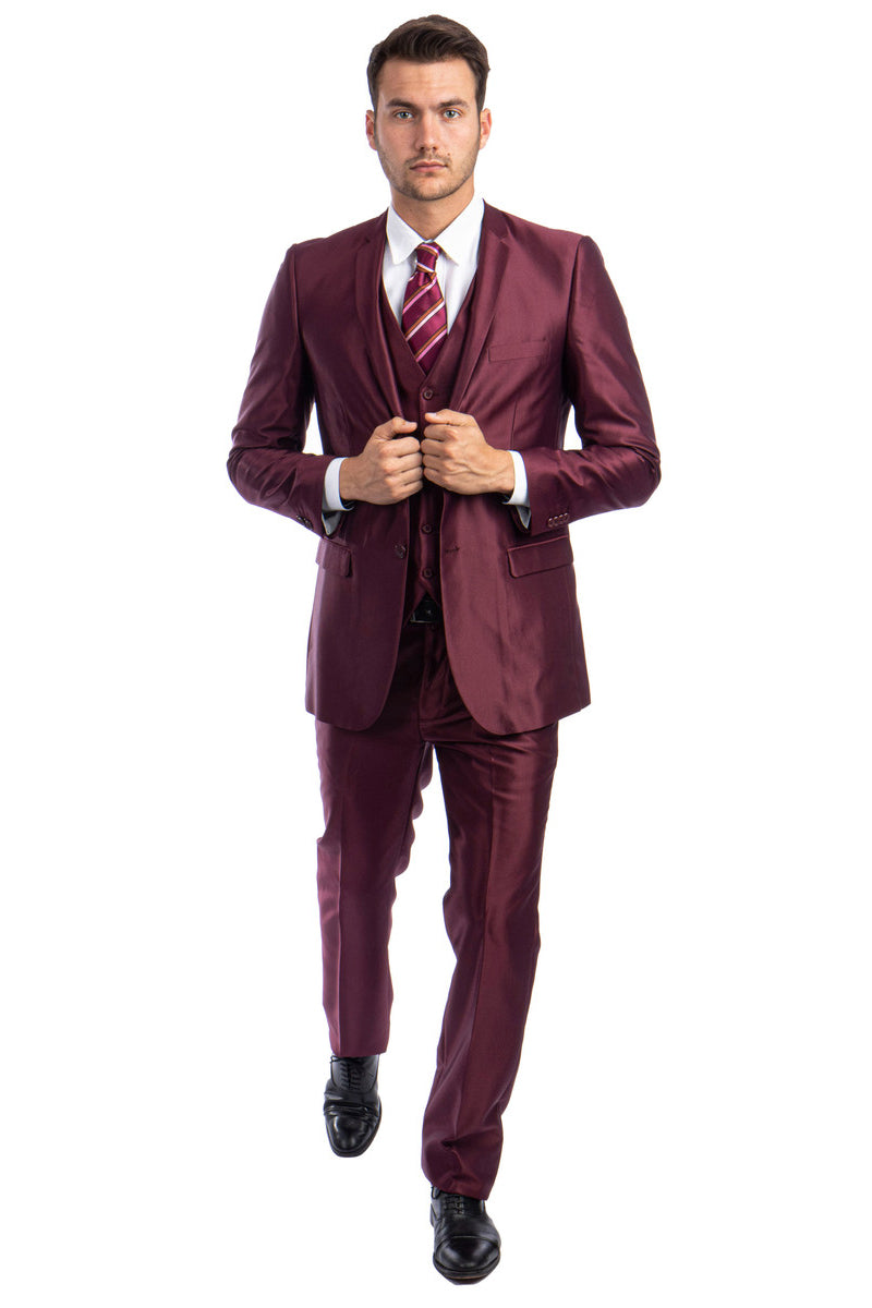 Men’s Two Button Vested Shiny Sharkskin Wedding & Prom Fashion Suit in Burgundy