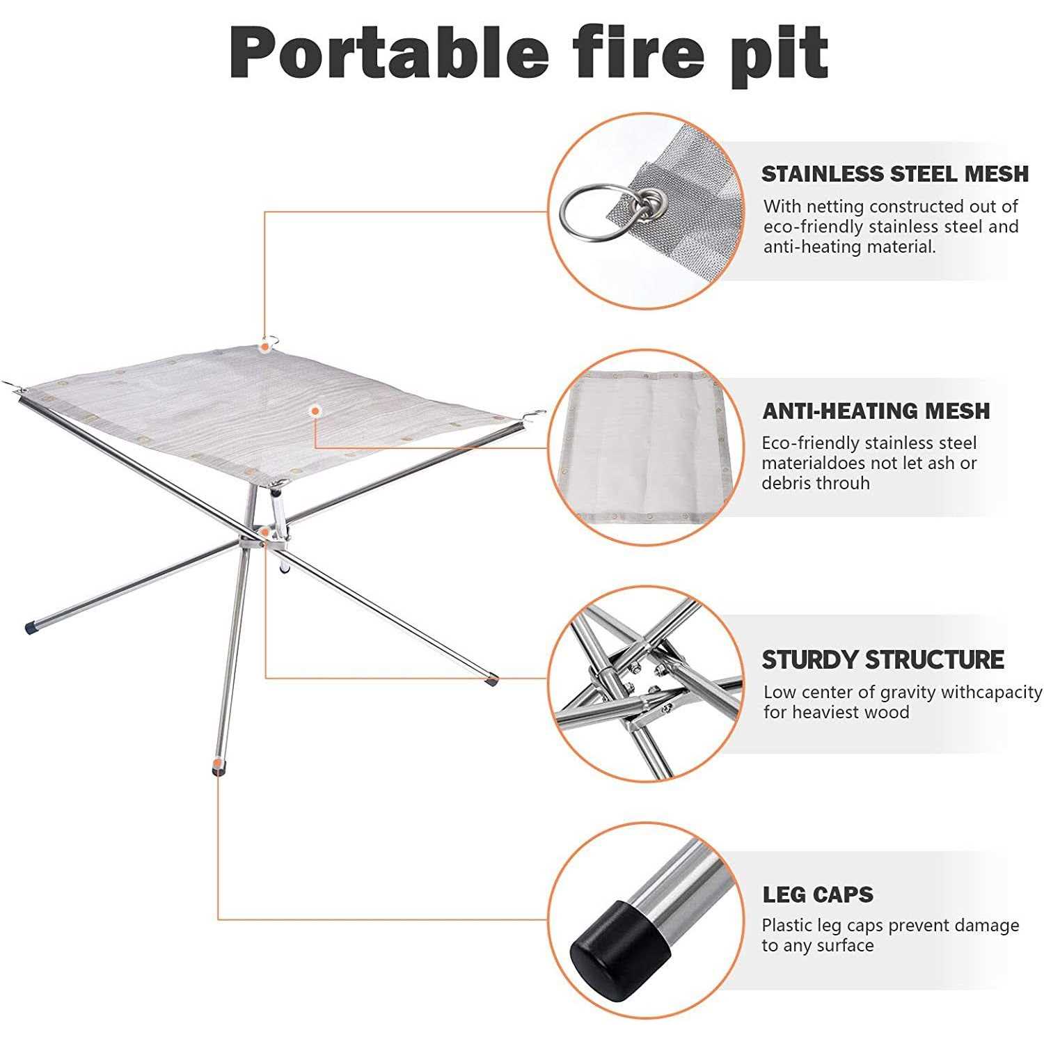 Portable Outdoor Fire Pit 22 Inch Upgrade Foldable Stainless Steel Mesh Fire Pit
