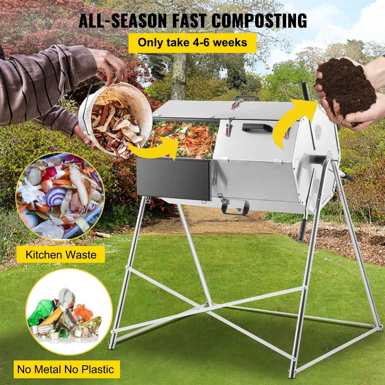 VEVOR Compost Tumbler Rustproof Stainless Steel Dual-Chamber Garden Composter Heavy-Duty All-Season Outdoor Compost Bin