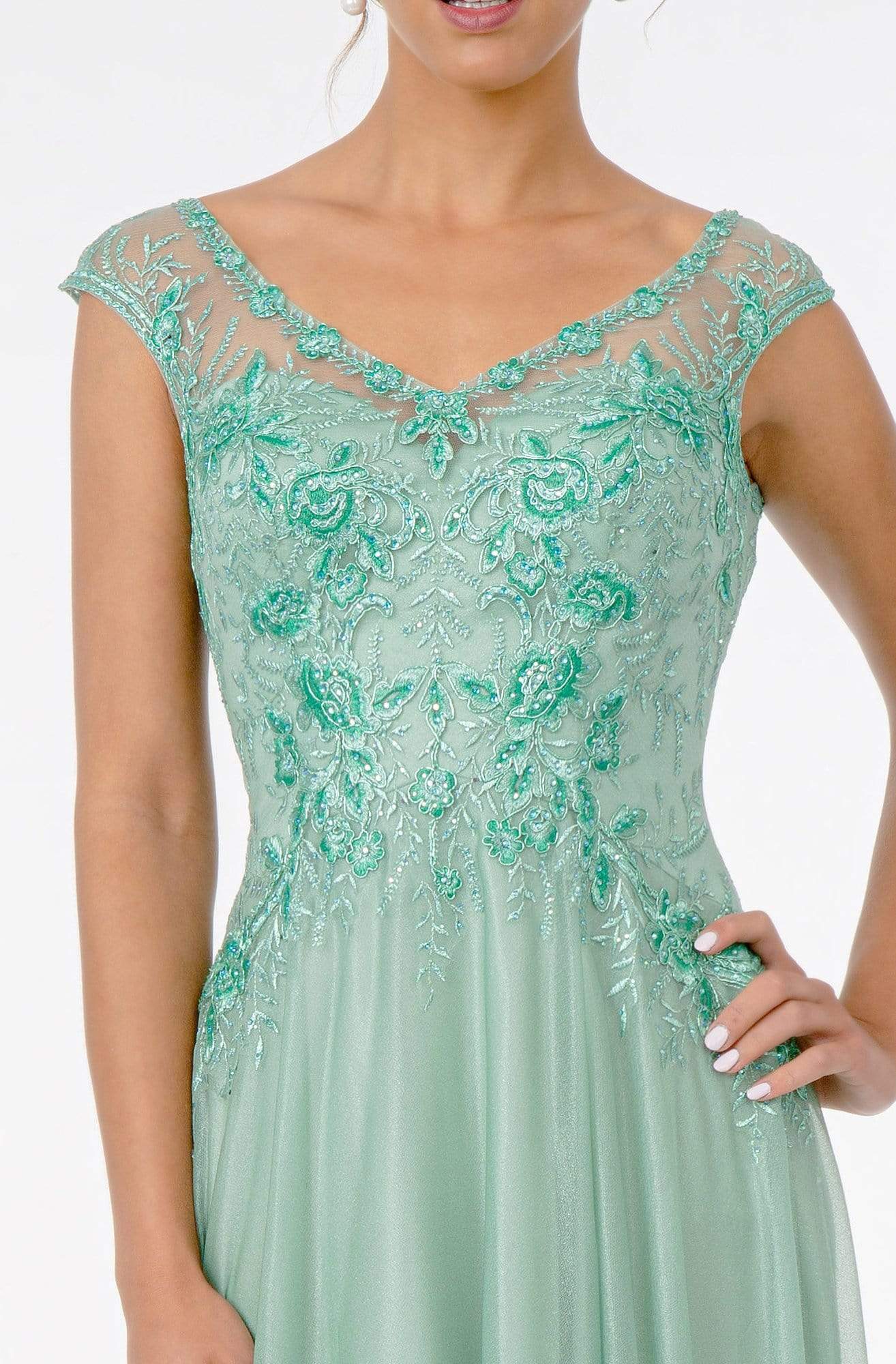 GL1826 Beaded Lace Embroidered Bodice A-Line Gown