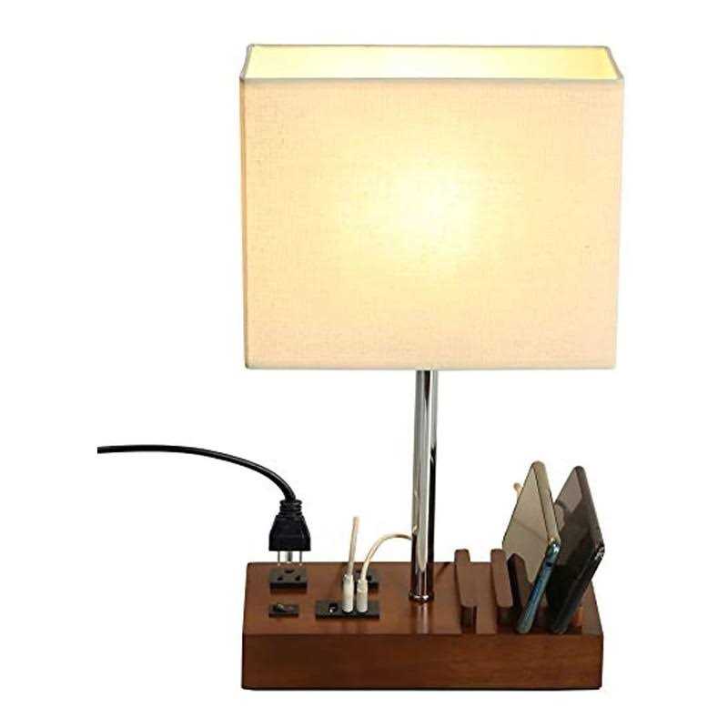 Briever USB Table Lamp, Multi-Functional Bedside Desk Lamp with 2 AC Outlets, 3 USB Charging Ports and Wooden Phone Stand Organizer