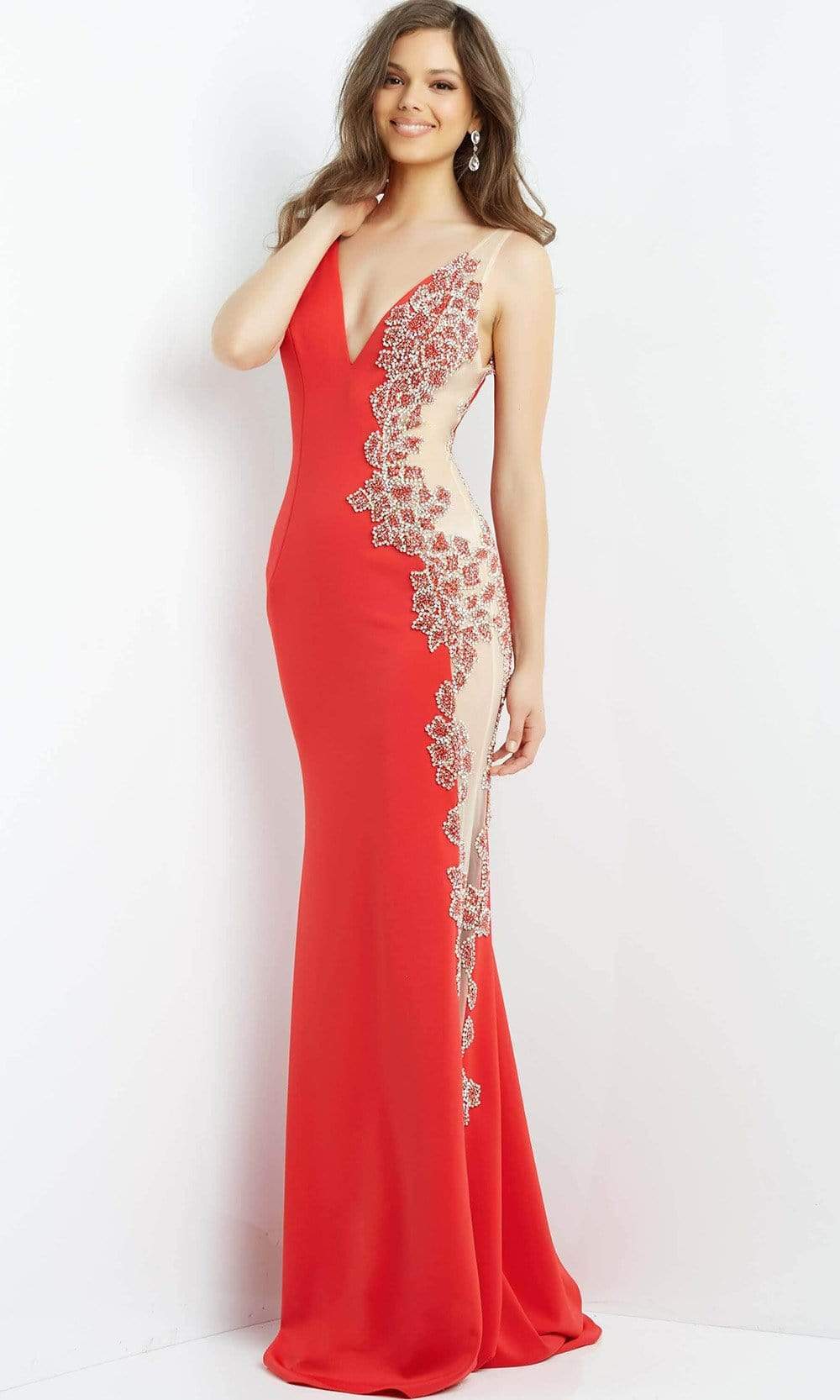 07275 V-Neck Sheer Side Embellished Gown