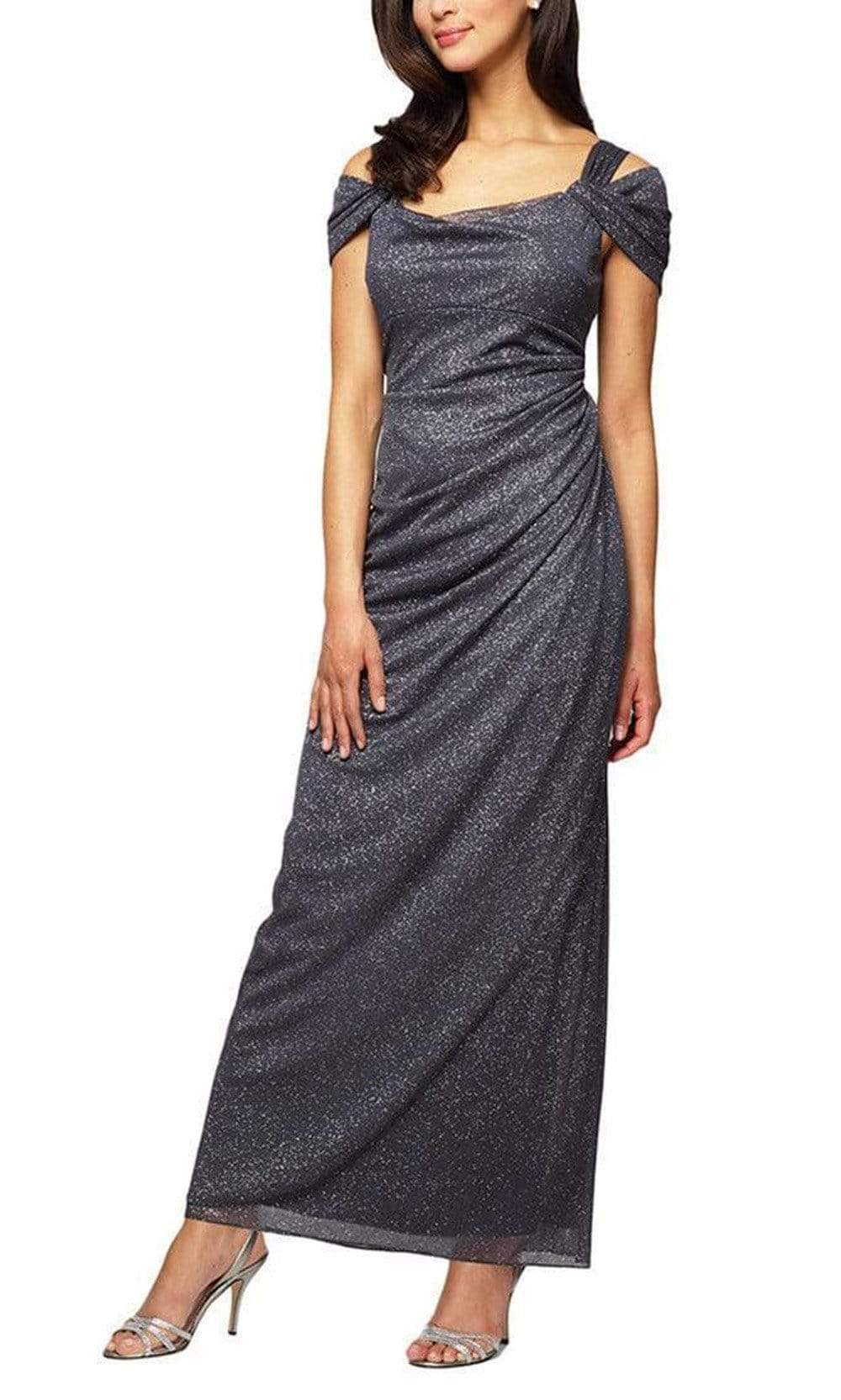 233026 Cold Shoulder Drape Glitter Mesh Dress