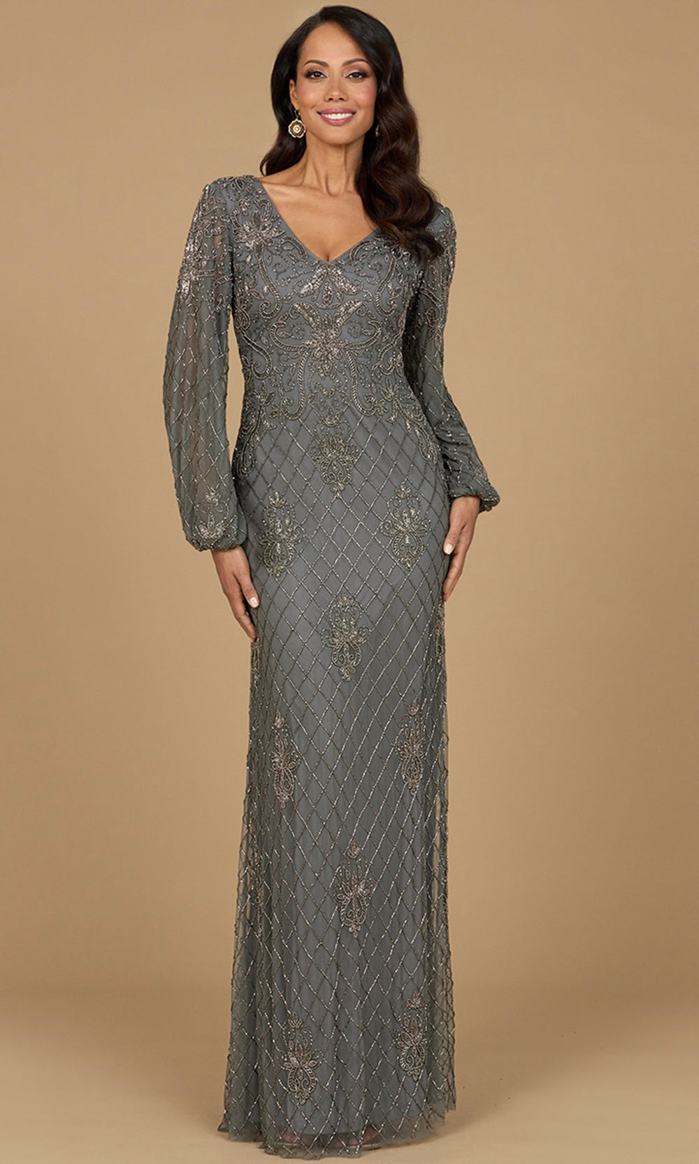 Beaded Lattice Deep V-Neck Formal Dress