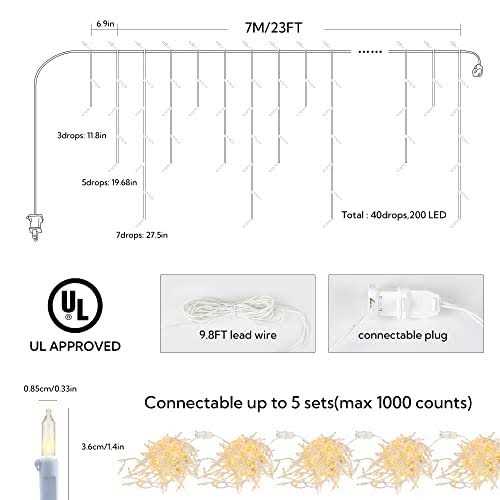 BEEWIN Icicle Christmas Lights 23FT Icicle Lights White Wire Connectable Icicle String Lights