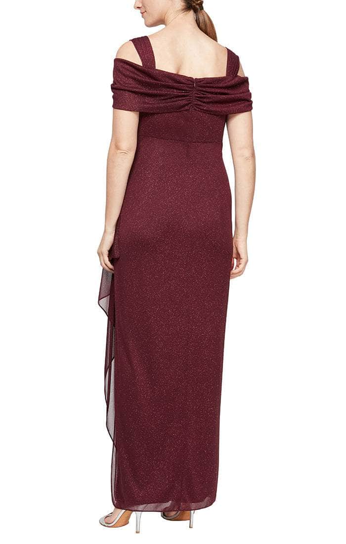 233026 Cold Shoulder Drape Glitter Mesh Dress