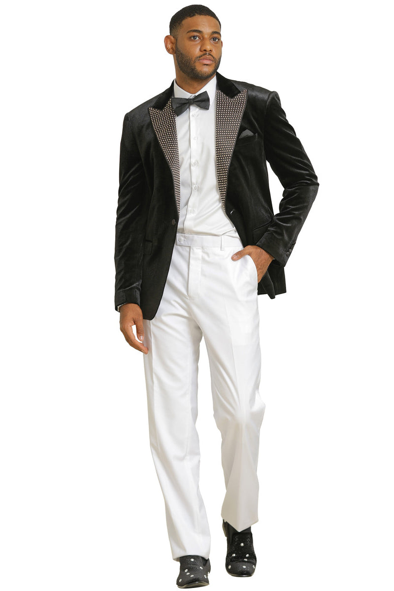 Men’s Stacy Adams Velvet Wedding & Prom Tuxedo Jacket With Rhinestone Adorned Lapel in Black