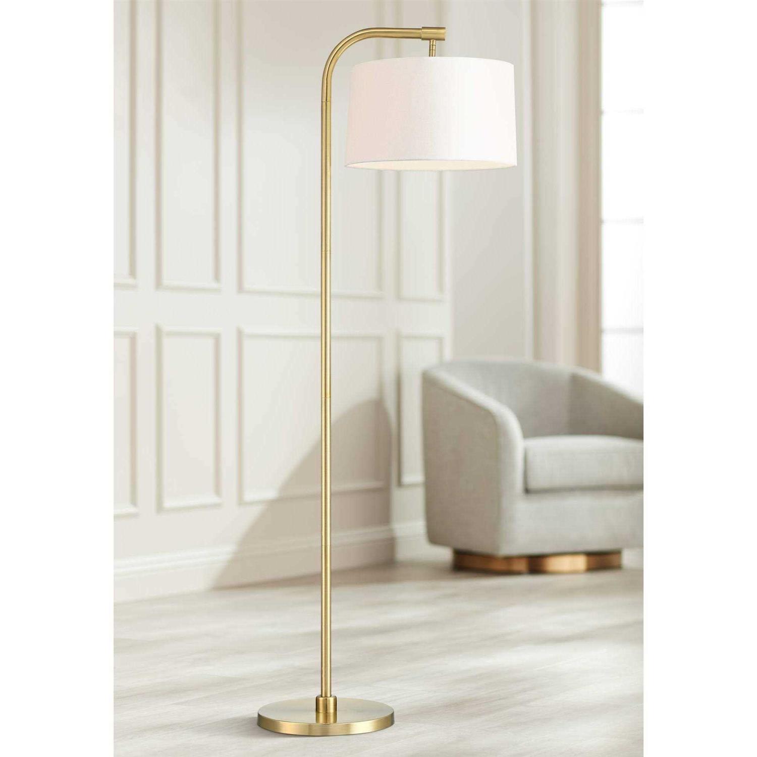 360 Lighting Modern Art Deco Arc Floor Lamp 64 Tall Warm Gold Metal White Fabric Drum Shade for Living Room Reading Family Bedroom Office House Home