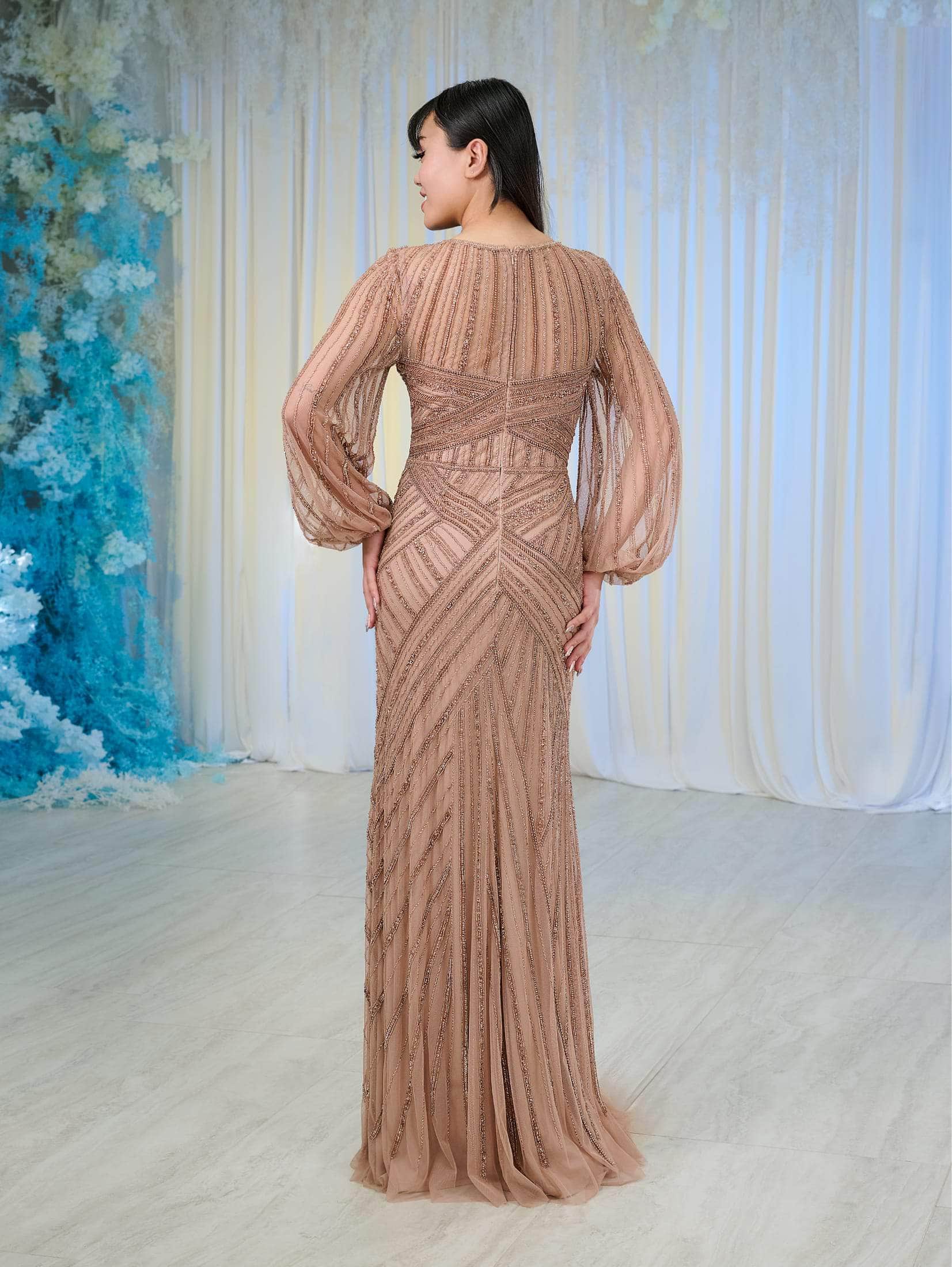 Beaded Balloon Sleeve Evening Gown