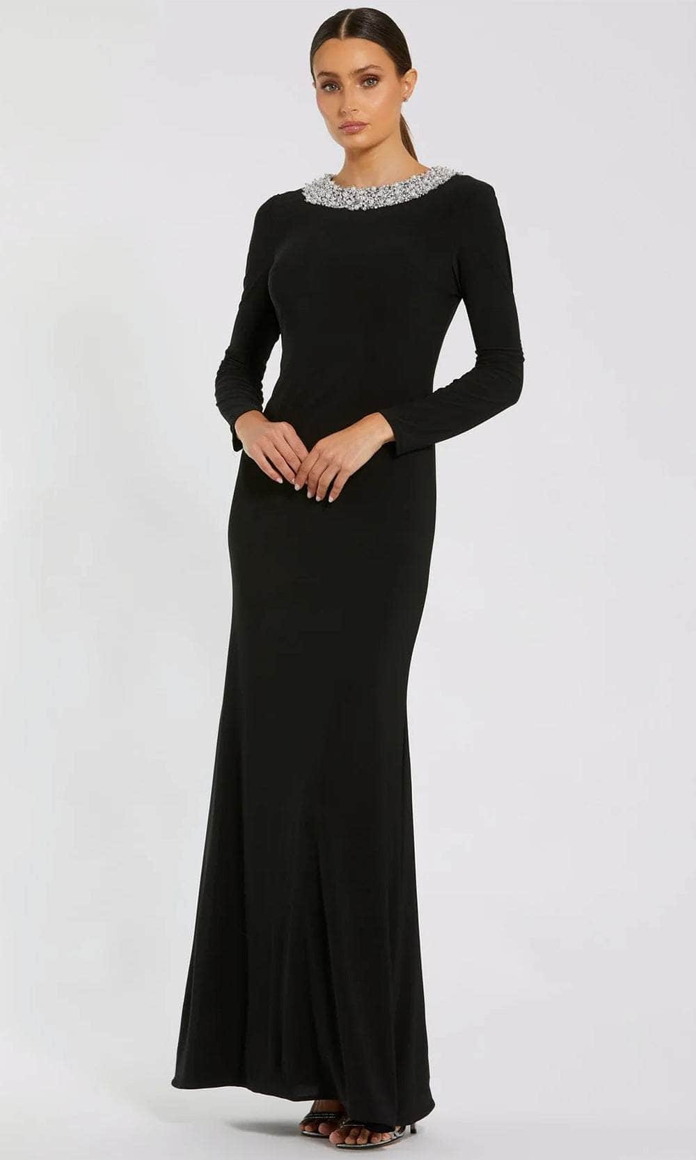 Long Sleeve Beaded Neckline Evening Gown