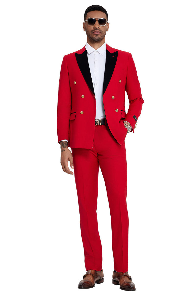 Men’s Double Breasted Wedding Suit with Velvet Peak Lapel and Gold Buttons in Red