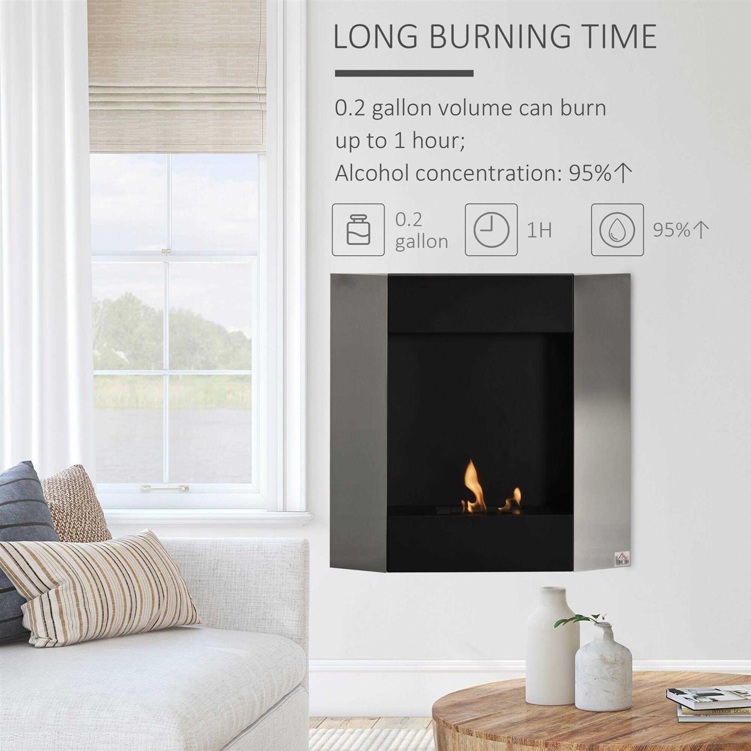 HOMCOM Ethanol Fireplace 28.25 Wall Fireplace Mount 0.2 Gal Stainless Steel 215