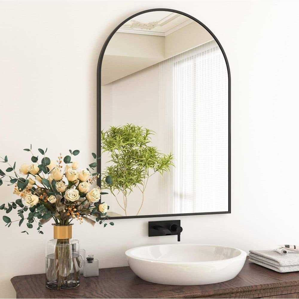 XRAMFY 24 in. W x 36 in. H Arched Gold Aluminum Alloy Framed Wall Mirror