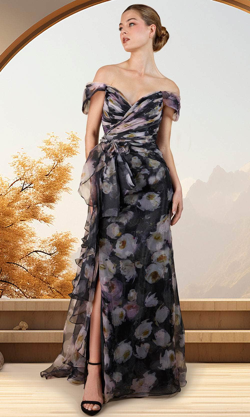 Floral Draped Evening Dress