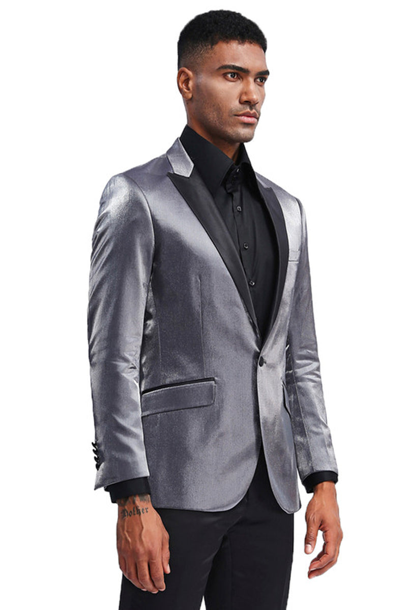 Men’s Slim Fit Shiny Satin Prom & Wedding Tuxedo Jacket in Charcoal Grey