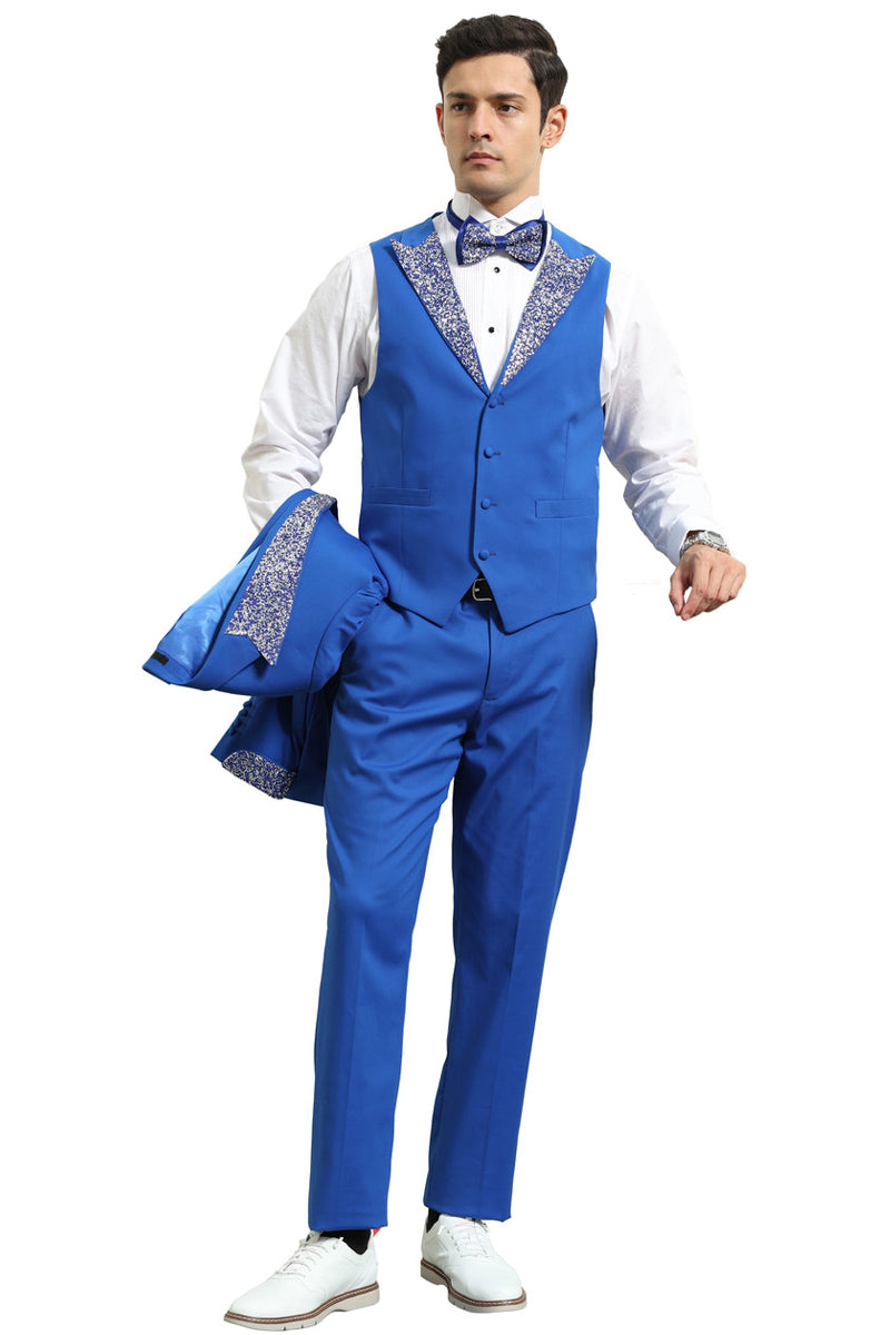Men’s One Button Rhinestone Peak Lapel Vested Prom Tuxedo in royal Blue