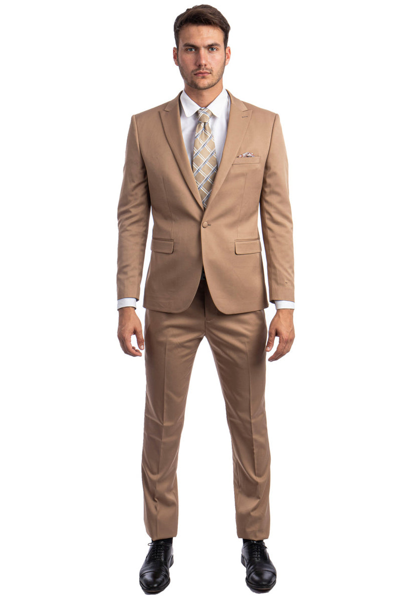 Men’s One Button Peak Lapel Basic Slim Fit Suit in Dark Taupe