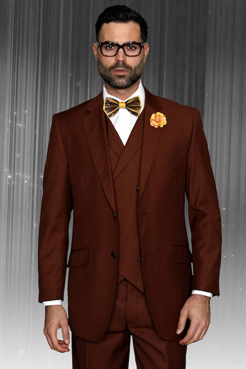 Men’s Designer Classic Fit Pleated Pant Wool Suit with Double Breasted Vest in Copper