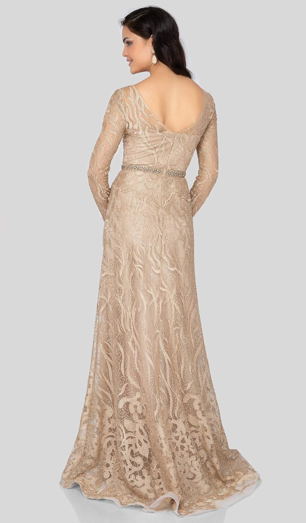 1913E9229 Embellished Lace Long Sleeve A-line Dress