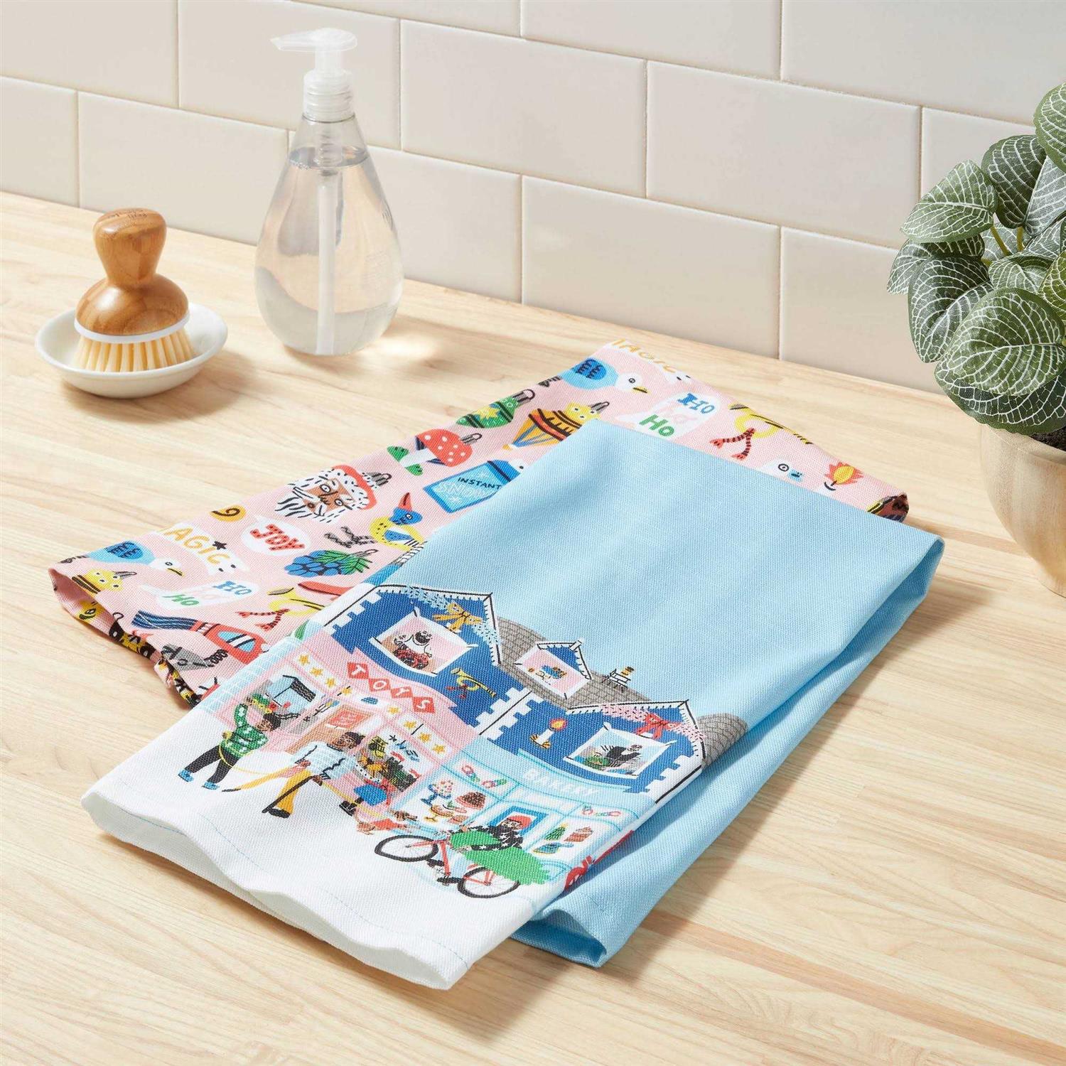 Wondershop 2pc Lucy Kirk Design Slub Christmas Kitchen Towel Pink/Blue