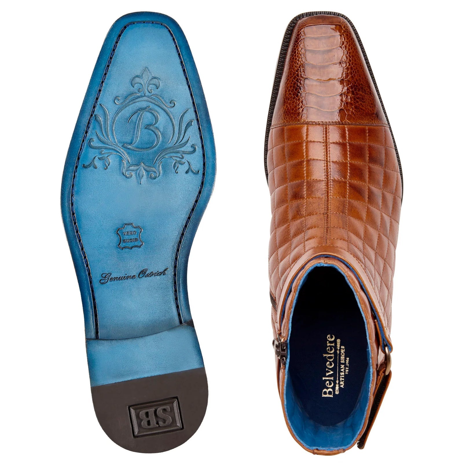 Men’s Belvedere Libero Quilted Leather & Ostrich Leg Cap Toe Chelsea Boot in Almond