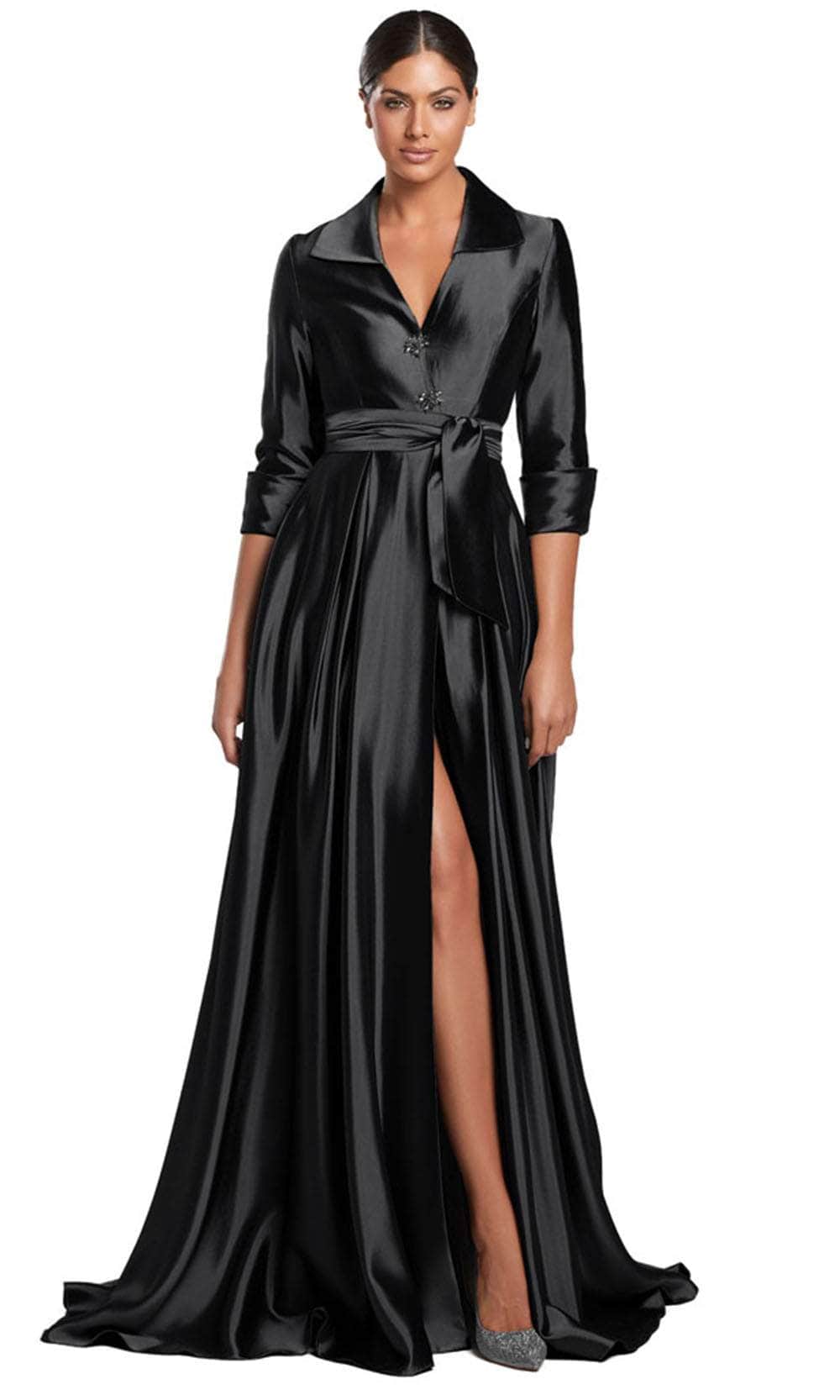 Collared V-Neck A-Line Evening Gown