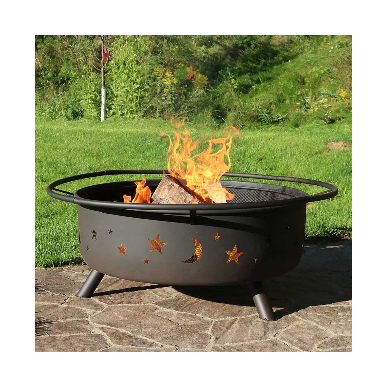 Sunnydaze Decor Cosmic 42 in. x 23 in. Large Round Steel Wood Burning Fire Pit with Spark Screen
