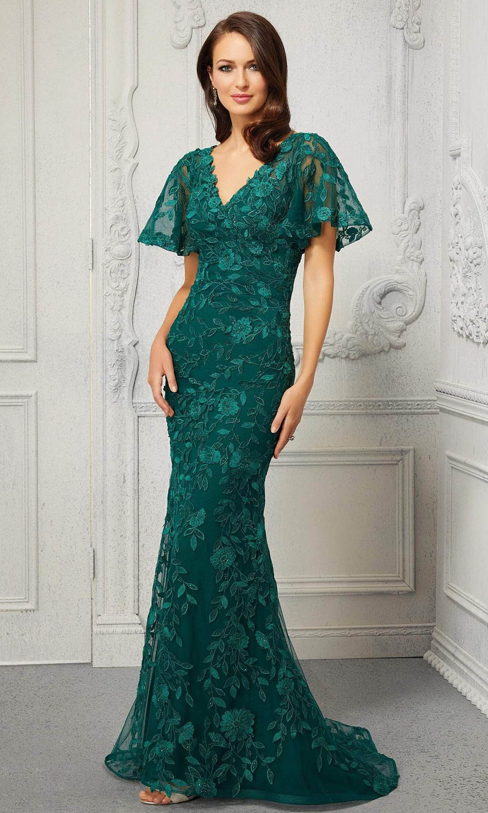 72413 V-Neck Embroidered Evening Dress