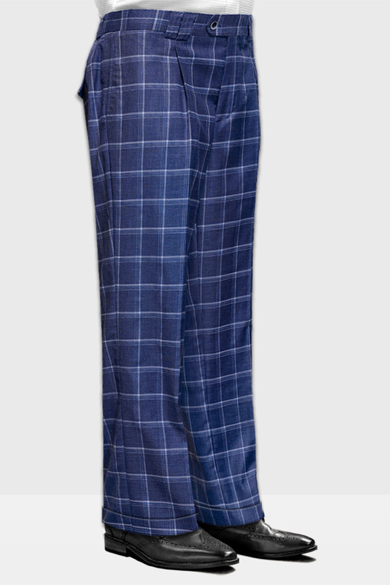 Men’s Designer Wool Pleated Wide Leg Dress Pants in Indigo Blue Windowpane Plaid