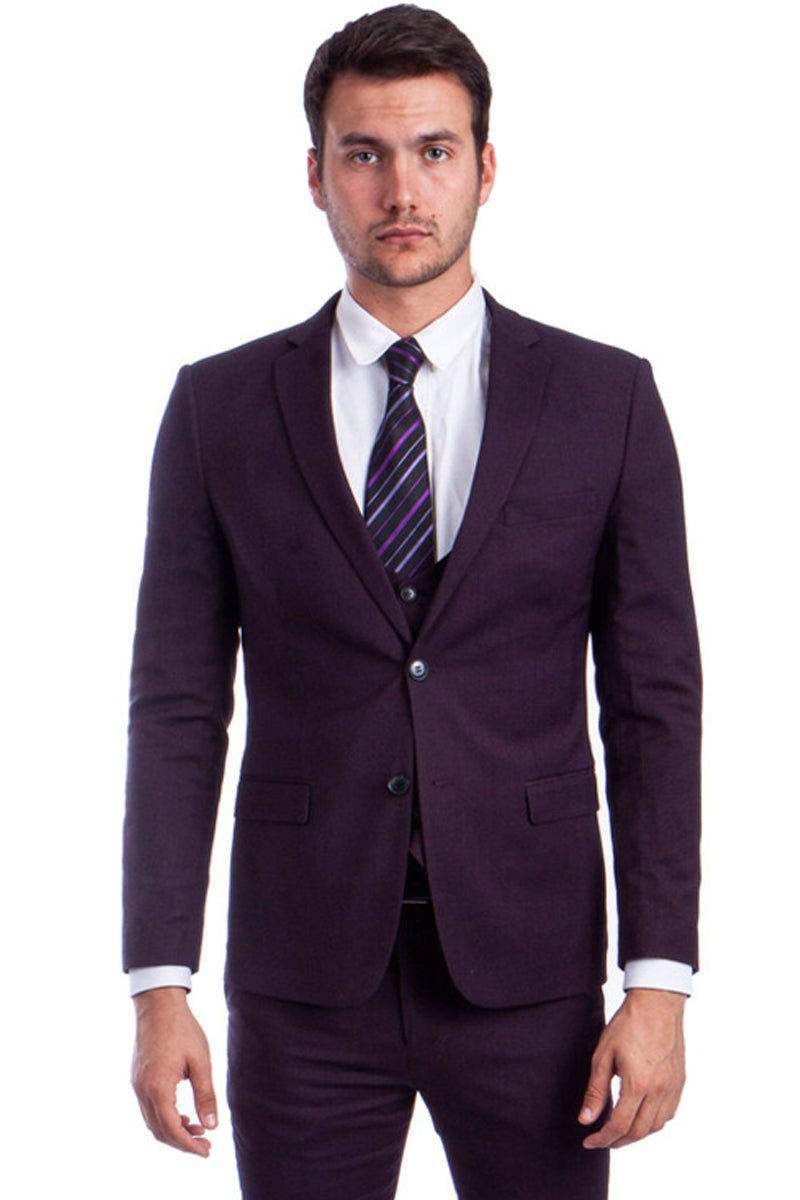 Men’s Two Button Skinny Fit Vested Suit in Burgundy