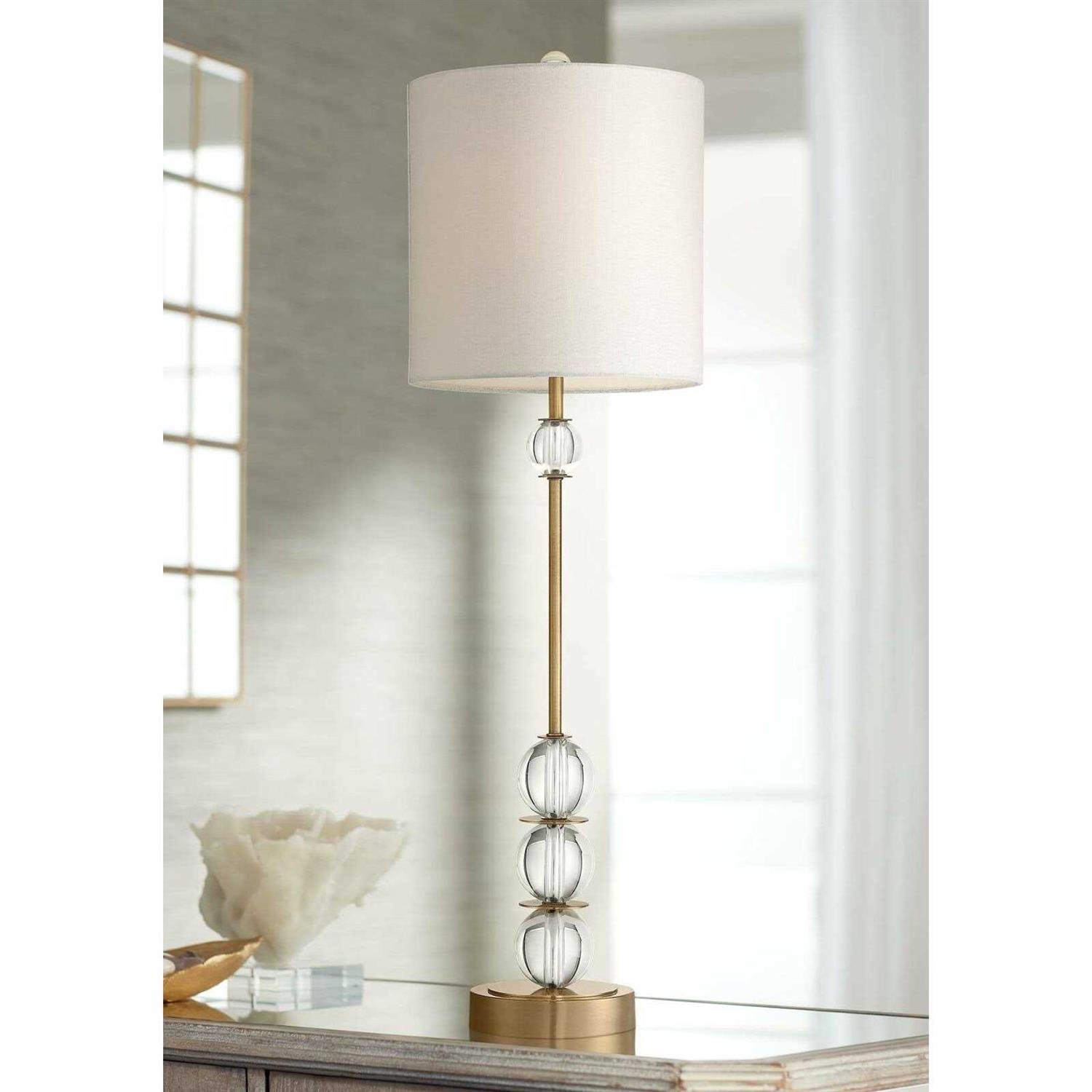 Vienna Full Spectrum Halston Art Deco Buffet Table Lamp 32 1/2 Tall Crystal Ball Brass Metal Off White Fabric Drum Shade for Bedroom Living Room Kids